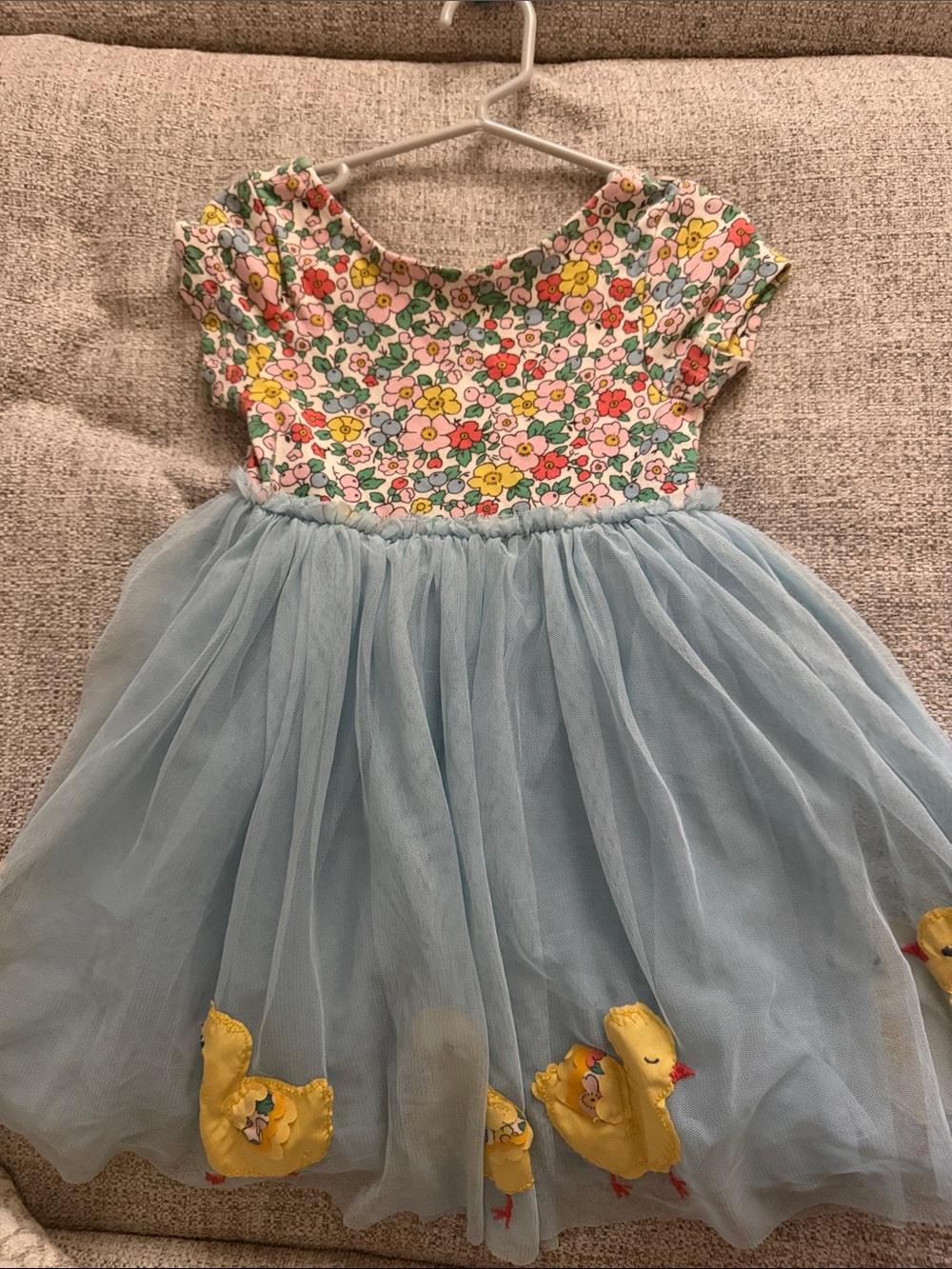 Mini Boden Light Blue Tulle Dress with Floral Bodice and Yellow Chick Appliqués